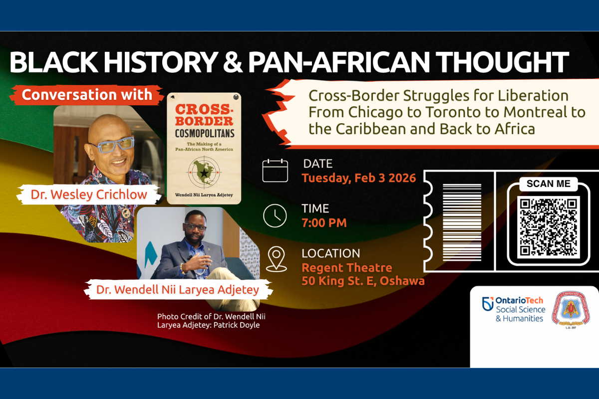 Wesley Crichlow, Wendell Nii Laryea Adjetey, green, yellow, red waves, FSSH logo, Carpenters Union unit 397 logo, Black History & Pan-African Thought, book title, date, time, location