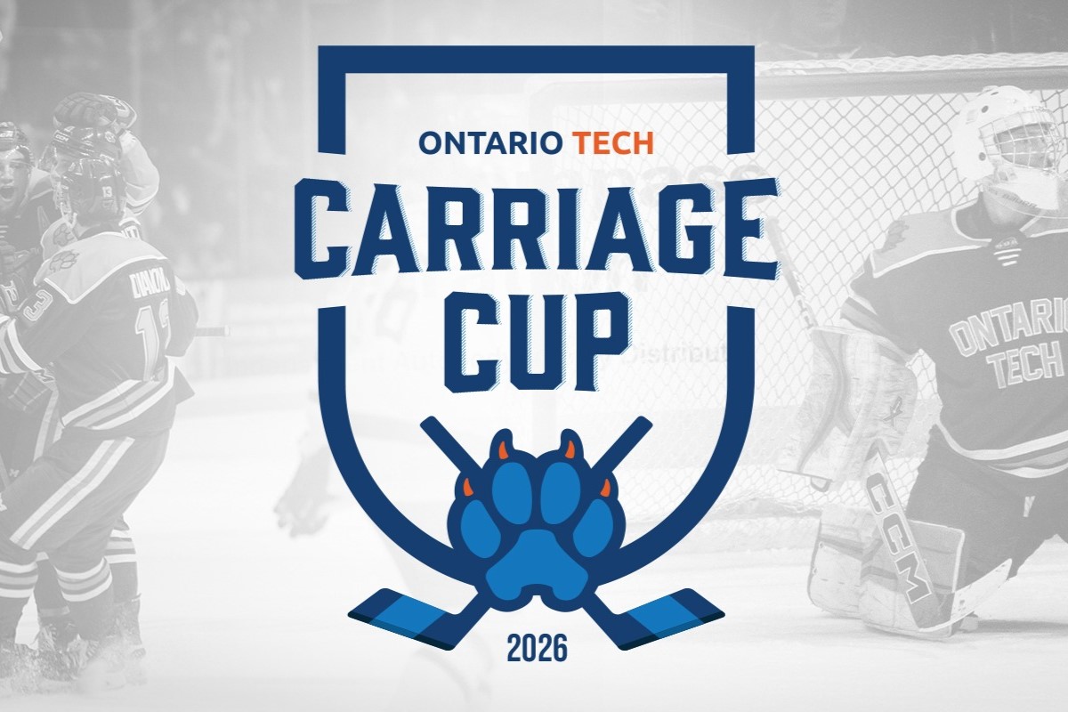 Promotional graphic for Ontario Tech’s Carriage Cup 2026. The center features the event logo with a blue and orange wolf-paw crest and crossed hockey sticks. On the left, a faded photo shows hockey players celebrating on the ice. On the right, a faded image shows an Ontario Tech goalie making a glove save.