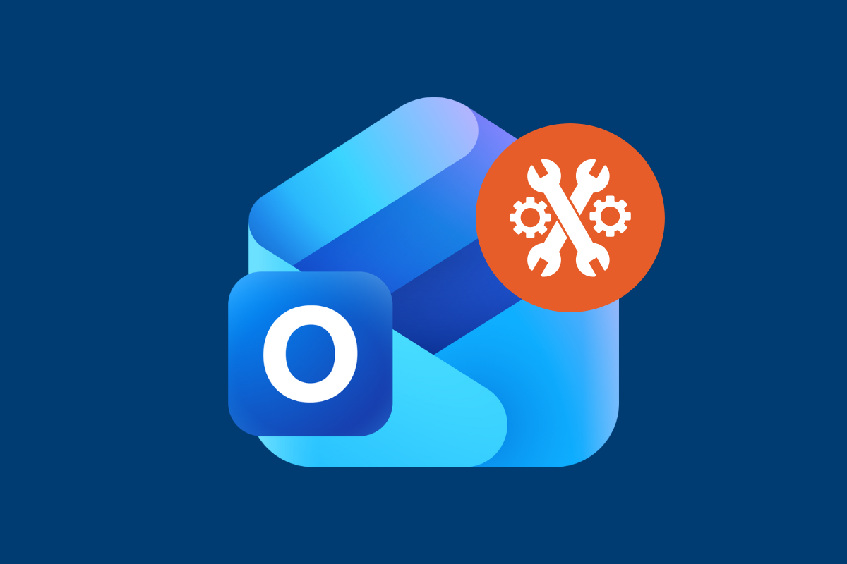 Blue mail folder with a blue square covering the left half, with a white O in the middle. An orange circle with two white wrenches in the middle, covers the corner of the envelope.