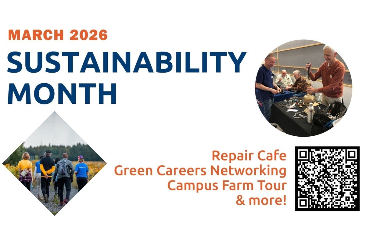 People walking on the campus farm and a man repairing a lamp.