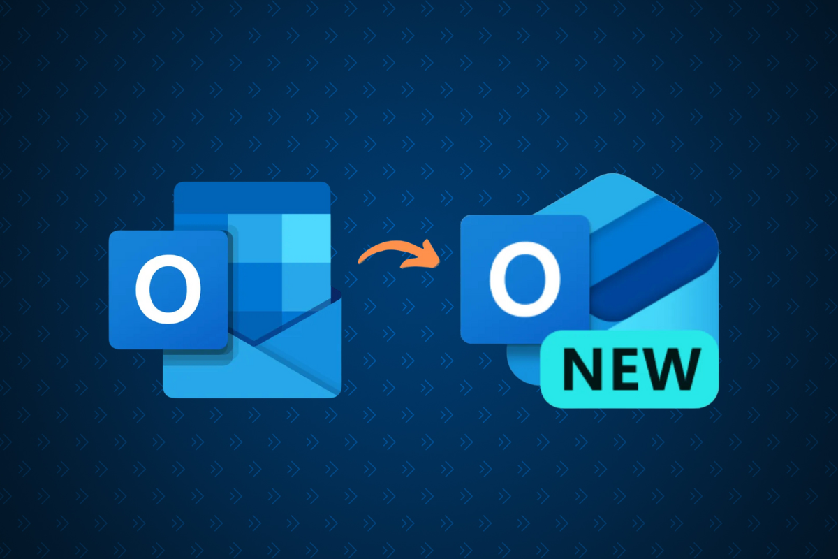 Microsoft Classic Outlook logo, a blue square with a white O over a blue envelope beside a blue envelope with a white O. There is a orange arrow between them pointing at the New Outlook logo. 