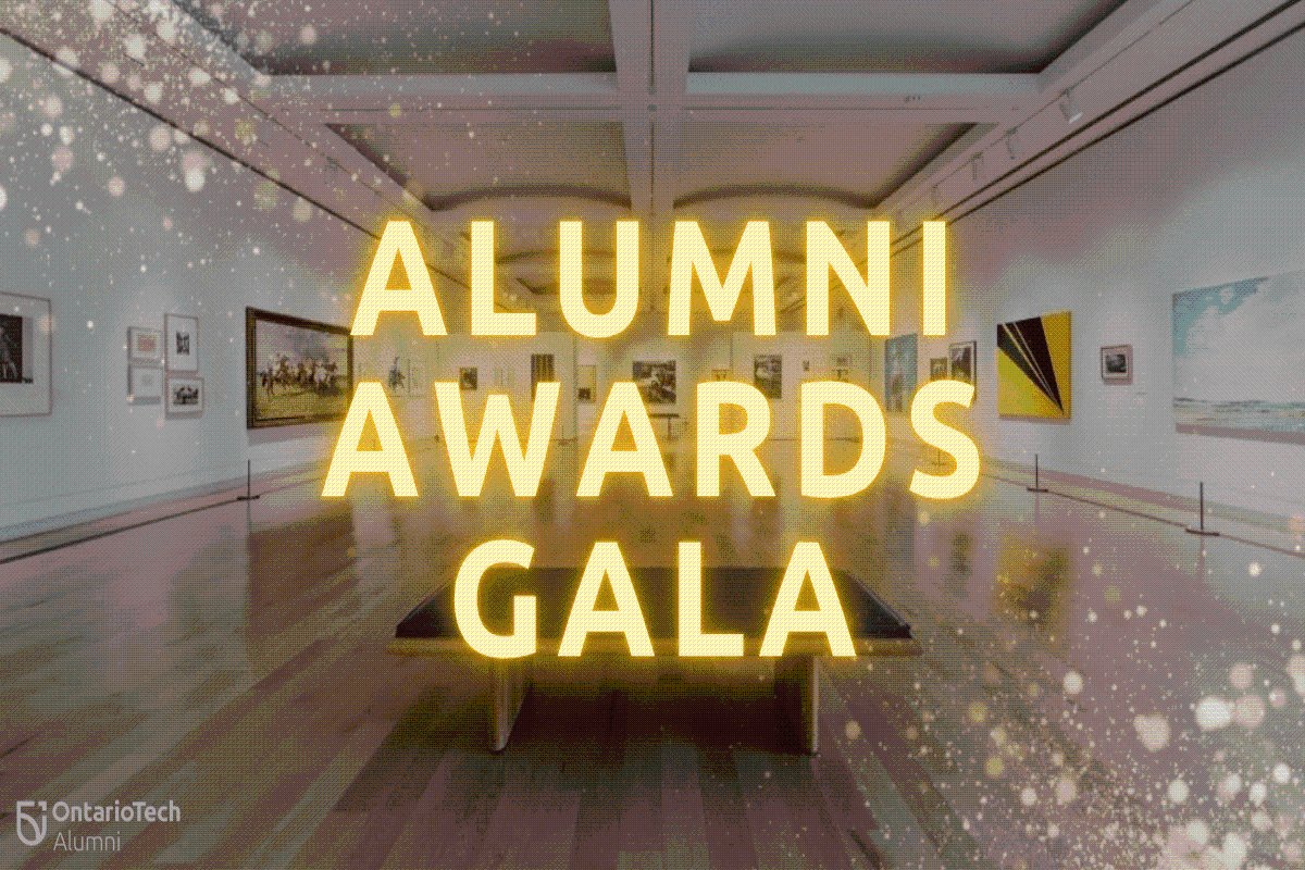 Glowing neon letters reading Alumni Awards Gala, with background of art gallery