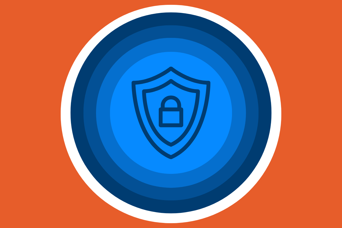 Orange background with a blue circle with rings of different shades of blue, in the middle. There's a white logo of a shield in the middle of the circle.