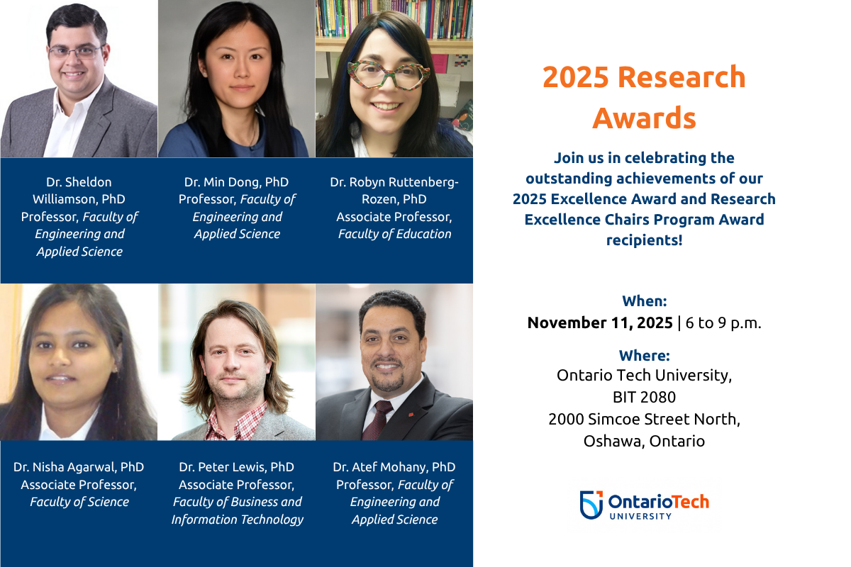 This is a promotional flyer for the 2025 Research Awards at Ontario Tech University.