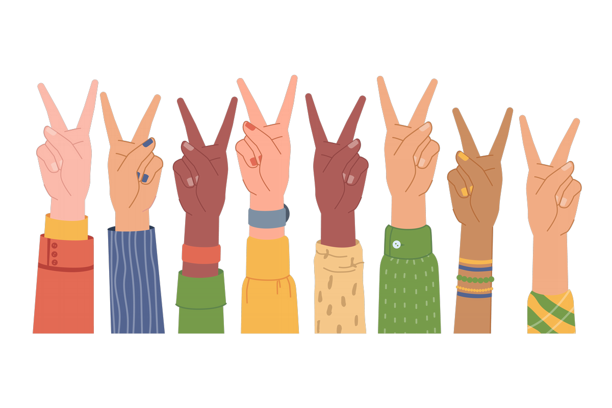 Eight raised hands making peace signs.