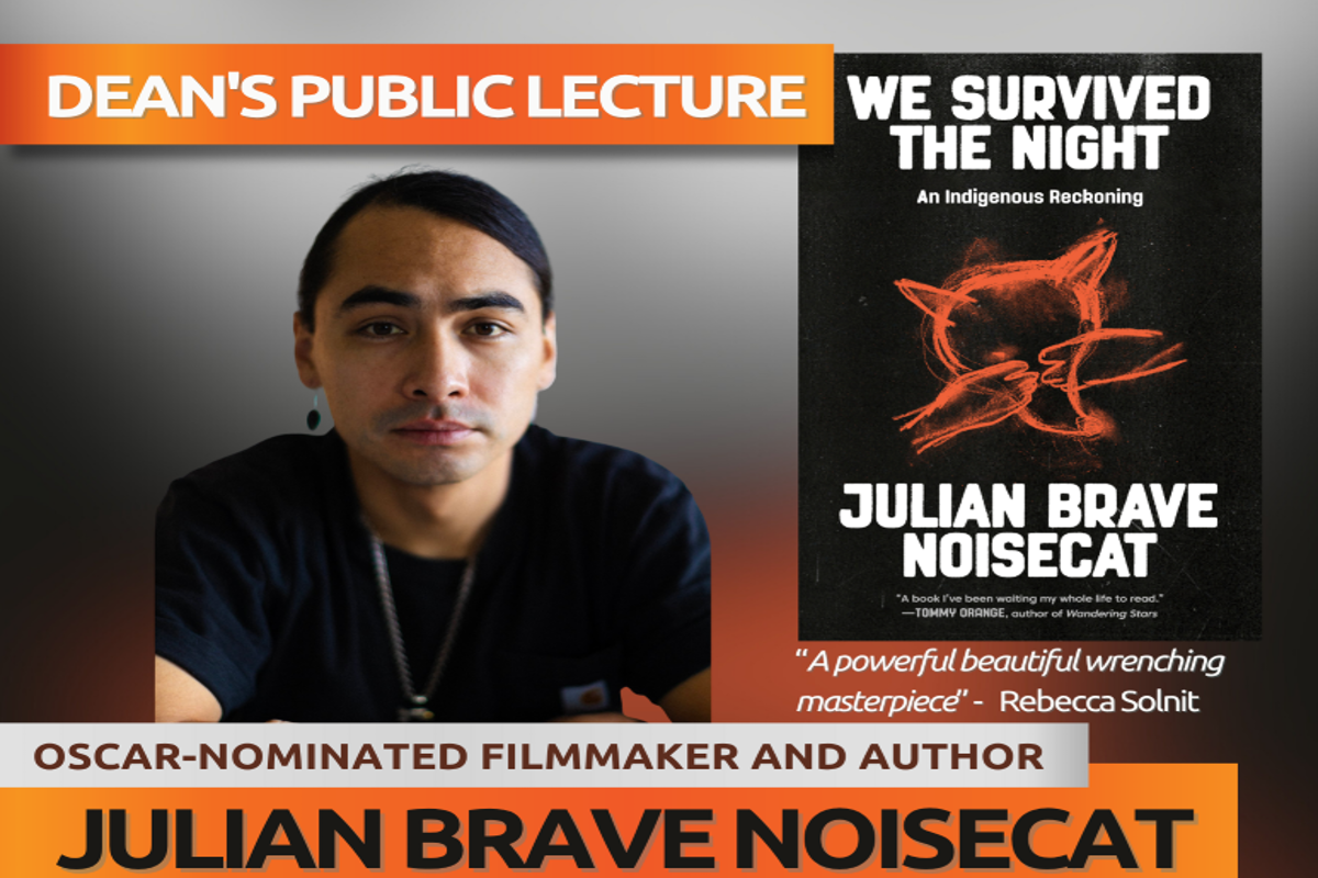 photo of Julian Brave NoiseCat, book cover, quote from Rebecca Solnit, Oscar-nominated filmmaker and author, date, time, location, QR code, BlueHeronBooks, logos of sponsors
