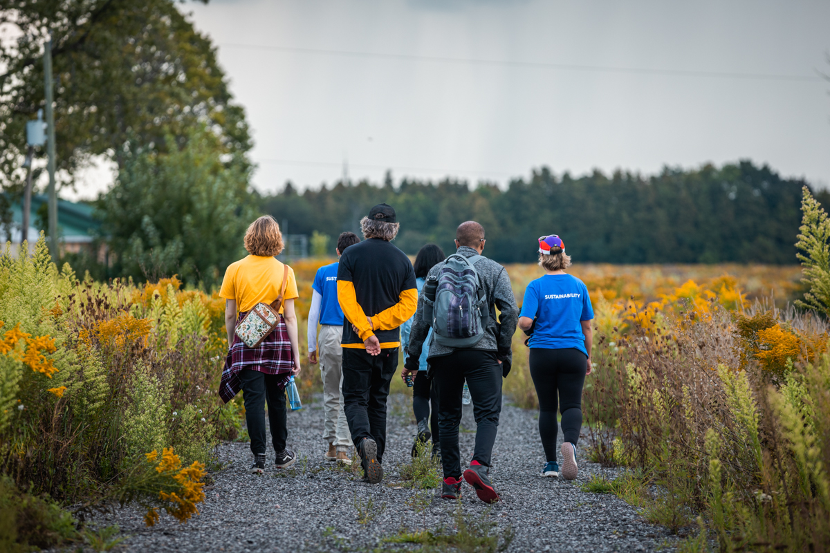 people walking in a field on a sustainability tour